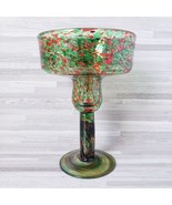 Hand-Blown Art Glass Green &amp; Red Confetti 12 oz. Margarita Glass - £13.42 GBP