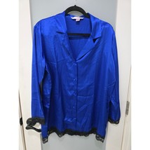Vintage Victoria’s Secret Satin Pajama Set Blue Black Lace Trim M Button... - $843.61 MXN