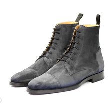 Gray Men High Ankle Boots Cap Toe Suede Leather Laceup Premium Quality Handmade - £133.48 GBP