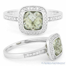 1.57ct Checkerboard Green Amethyst Round Cut Diamond Pave Ring in 14k White Gold - £485.90 GBP