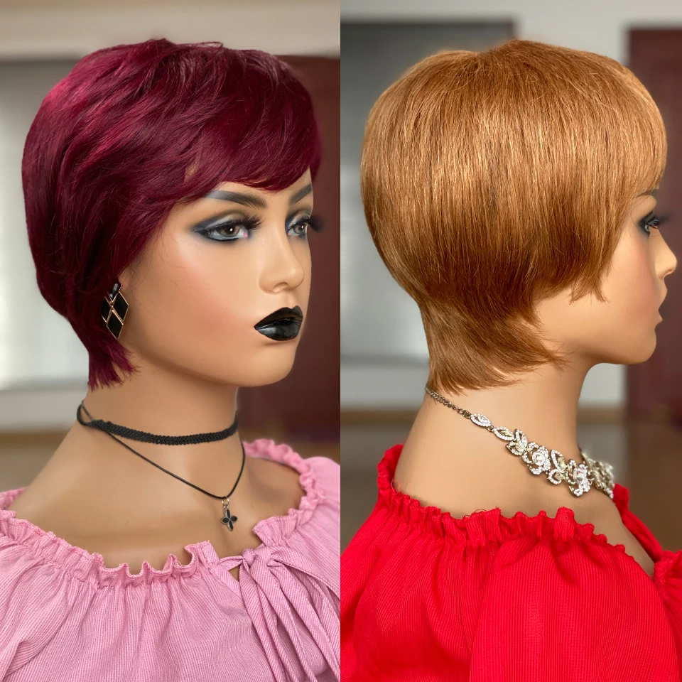 Short Human Hair Wigs Straight Pixie Cut Perruque for Black Women Brazilian Fu - £25.54 GBP