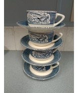 CURRIER & IVES BLUE BY ROYAL CHINA 4 TEA COFFEE CUPS AND SAUCERS Vintage - $21.96