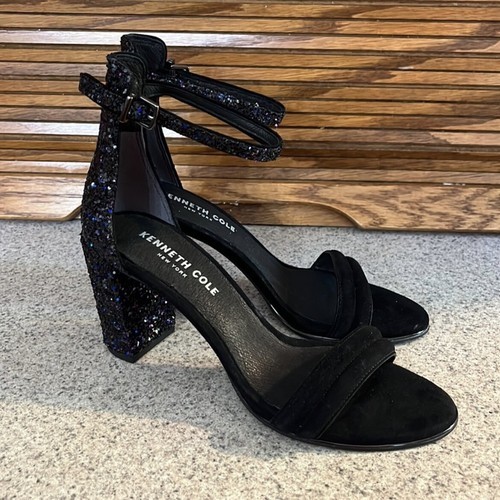Kenneth Cole New York Lex Black Velvet Purple Sequins Block Heel Sandals... - $28.49