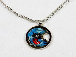 Felix The Cat Necklace w/Silver Tone Open Round Pendant ~ Felix Surfing ... - $9.75