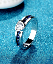1/4Ct Lab-Created Sapphire &amp; Cz Wedding Band Ring in 14K White Gold Over 925 - £107.88 GBP