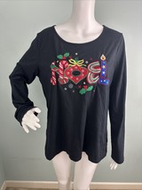 Women&#39;s Kim Rogers L/S Black Christmas NOEL Embroidered Holiday Top Tee ... - $14.84