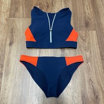 Athleta Womens 2PC Sporty Bikini Red Navy Blue Color Block Zip Front Siz... - $44.55