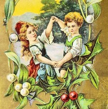 A Merry Christmas 1910s Greeting Postcard Embossed Mistletoe Holly PCBG6B - $24.99