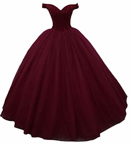 Plus Size Off The Shoulder Beaded Ball Gown Prom Evening Dresses Burgundy US 16W