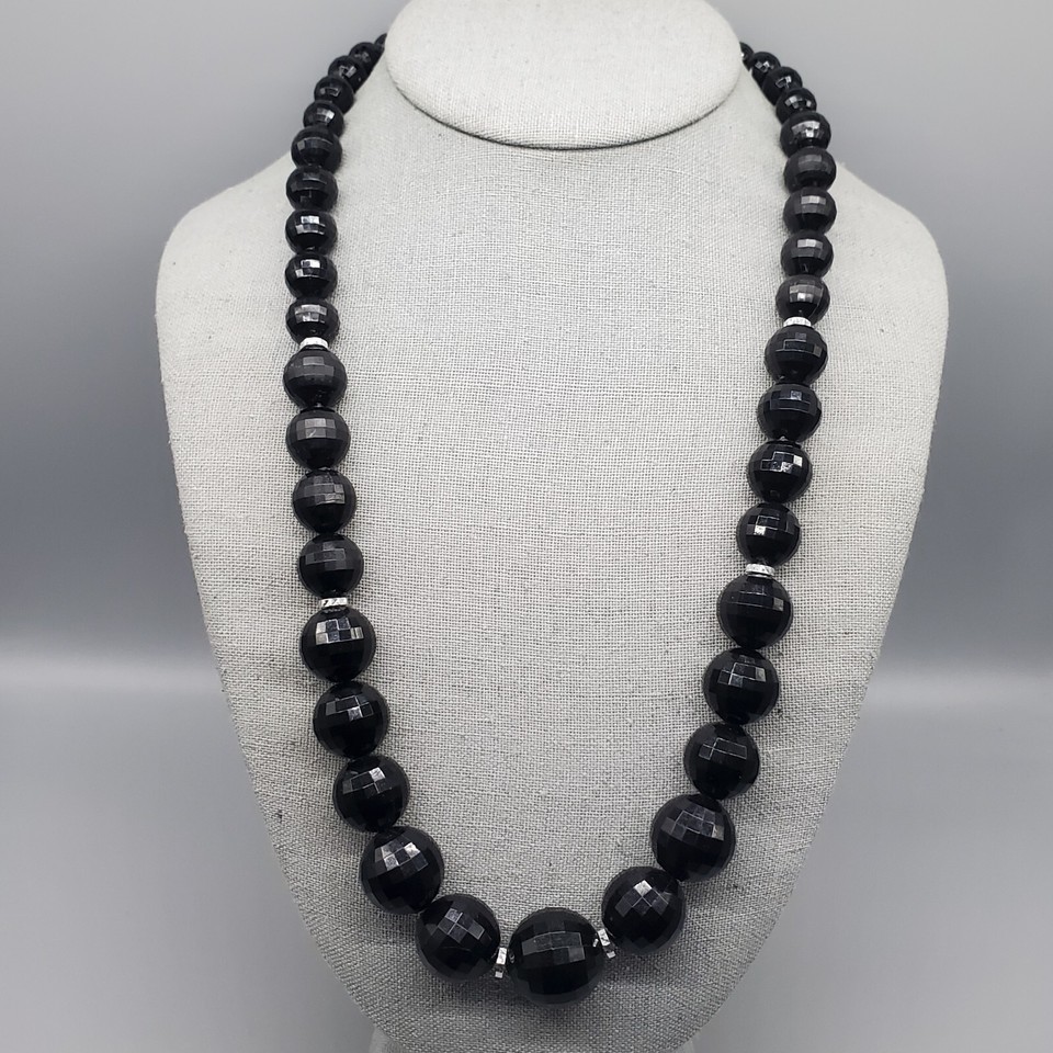 Vintage Black Beaded Necklace Graduated Disco Ball Facet Cut Silver Tone... - $24.99