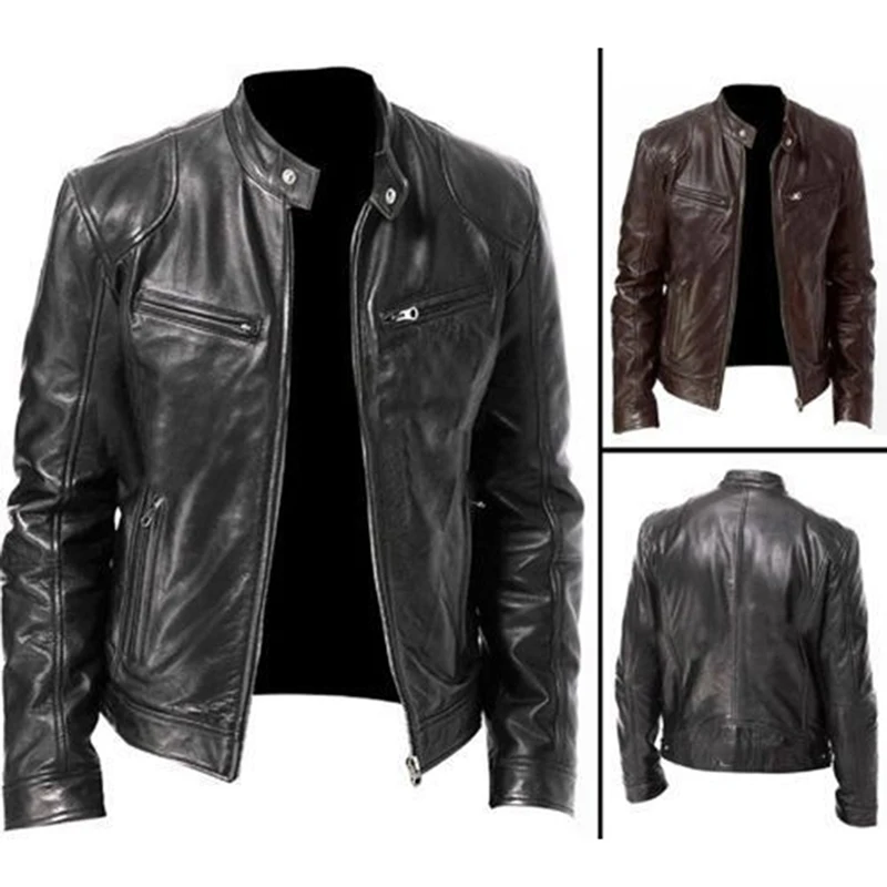  fashion leather jacket slim fit stand collar pu jacket male anti wind motorcycle lapel thumb200