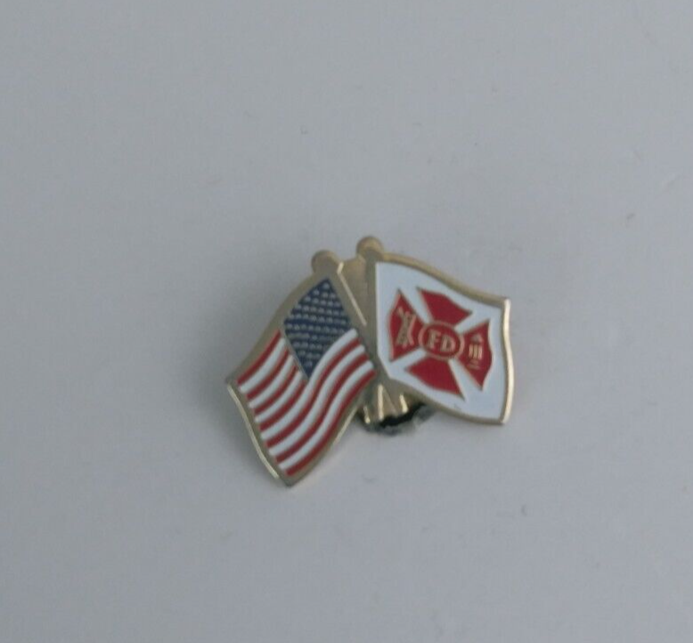 USA And Firefighters Department Intertwined Flags Lapel Hat Pin - $5.45