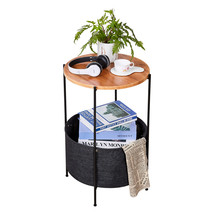 Round Side Table with Storage Basket Small End Table Nightstand-Yee - $55.00