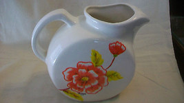 Vintage Hand Made Pottery Ceramic Pitcher, White With Red Flowers, Yellow Leaves - £29.31 GBP