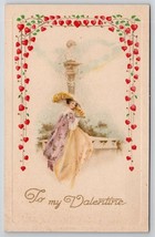 Valentine Greeting Pretty Lady Cherub on Column Hearts Border Postcard C29 - £6.35 GBP