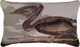 Throw Pillow Needlepoint Brown Pelican Bird 16x28 28x16 Cotton Velvet Back Wool - £286.96 GBP