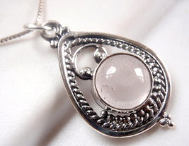 Rose Quartz Necklace 925 Sterling in Hoop with Silver Dot & Rope Styled Accents - $17.99