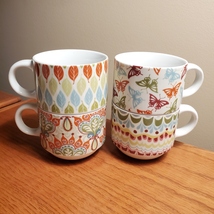 Pier One stackable Coffee Mugs, set of 4, butterfly paisley leaves geometric image 1