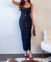 ZARA BNWT 2025. BLUE MIDI DRESS STRAPPY DENIM GOLD BUTTONS COTTON. 0779/... - $93.96