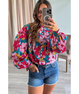 Red Floral Print Balloon Sleeve Half Buttons Blouse - $3,867.98 MXN
