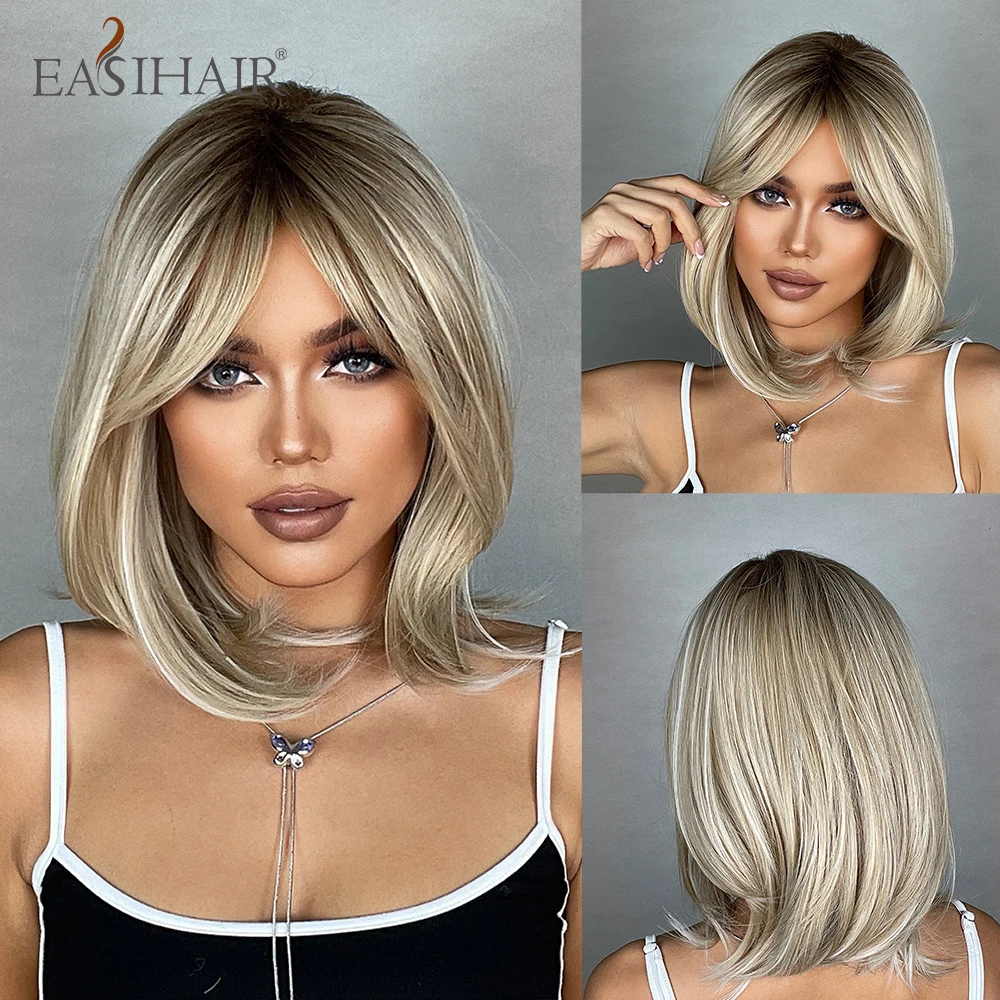 EASIHAIR Brown Root Ombre Blonde Synthetic Wigs Medium Length Natural Hair f - £21.72 GBP+
