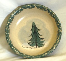 Stoneware Folk Art Soup Bowl Green Spongeware Pine Trees Country Craft Pottery - £19.77 GBP