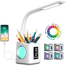 Desk Lamp USB Charging Port Color Night Light Dimmable LED Table Lamp &amp; Clock - £23.98 GBP