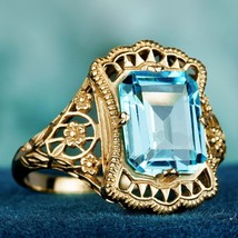 4.50 Ct. Natural Blue Topaz Vintage Style Filigree Ring in Solid 9K Yellow Gold - £439.09 GBP