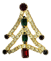 Rhinestone Christmas Tree Pin Brooch Vintage Red Green White Gold-tone - £18.90 GBP