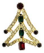 Rhinestone Christmas Tree Pin Brooch Vintage Red Green White Gold-tone - £18.94 GBP