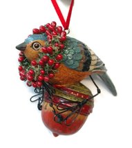 Bird with Wreath on Pine Cone Ornament 3.5 inches (Blue) - $15.00