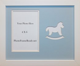 Children&#39;s Blue Rocking Horse Infant Boy White Wood Photo Frame 8x10 Holds 4x6 P - £22.77 GBP