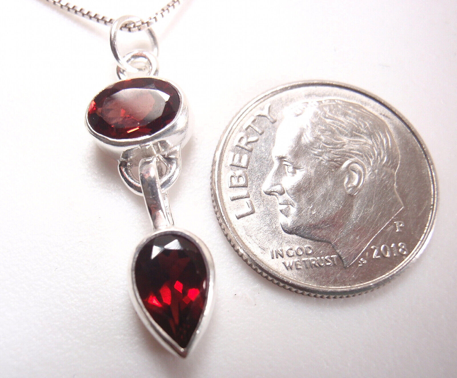 Small Faceted Garnet Double Gem Teardrop Oval 925 Sterling Silver Pendant