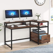 Tiyase Computer Desk With Hutch And Storage Shelves, 59 Inch, Vintage Brown - £207.82 GBP