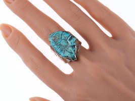 Sz11 Vintage Navajo Carved Turquoise and sterling ring - £202.84 GBP