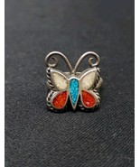 Native American Butterfly Ring Chip Turquoise Coral Inlay Sterling Silve... - $635.98 MXN