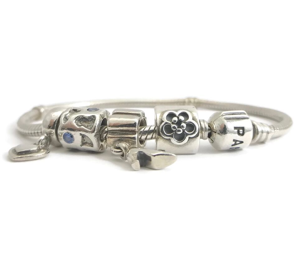 Pandora Sterling Silver Charm Bracelet with 4 Silver Pandora Charms, 26.27 Grams - £155.51 GBP