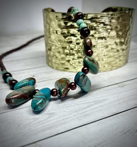 Teal and Chocolate Jasper, Tigers Eye, and Aged Copper Necklace  - £76.58 GBP