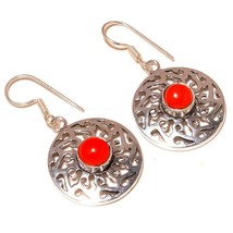 Italian Red Coral Cab Gemstone 925 Silver Overlay Handmade Drop Dangle Earrings - £7.98 GBP