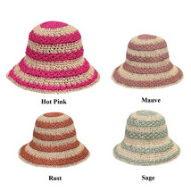 Women&#39;s Hand Crochet Clothe Straw Bucket Sun Hat in Two Tone Stripes - £15.79 GBP