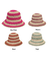 Women&#39;s Hand Crochet Clothe Straw Bucket Sun Hat in Two Tone Stripes - $27.41 CAD