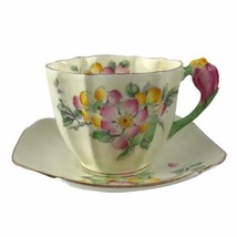 Vintage Paragon England Figural Apple Blossom Handle Teacup &amp; Saucer Pink Yellow - £246.12 GBP