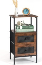 Rattan Nightstand With 2 Drawers, End Table For Small, Rustic Brown Bn03V - £34.66 GBP