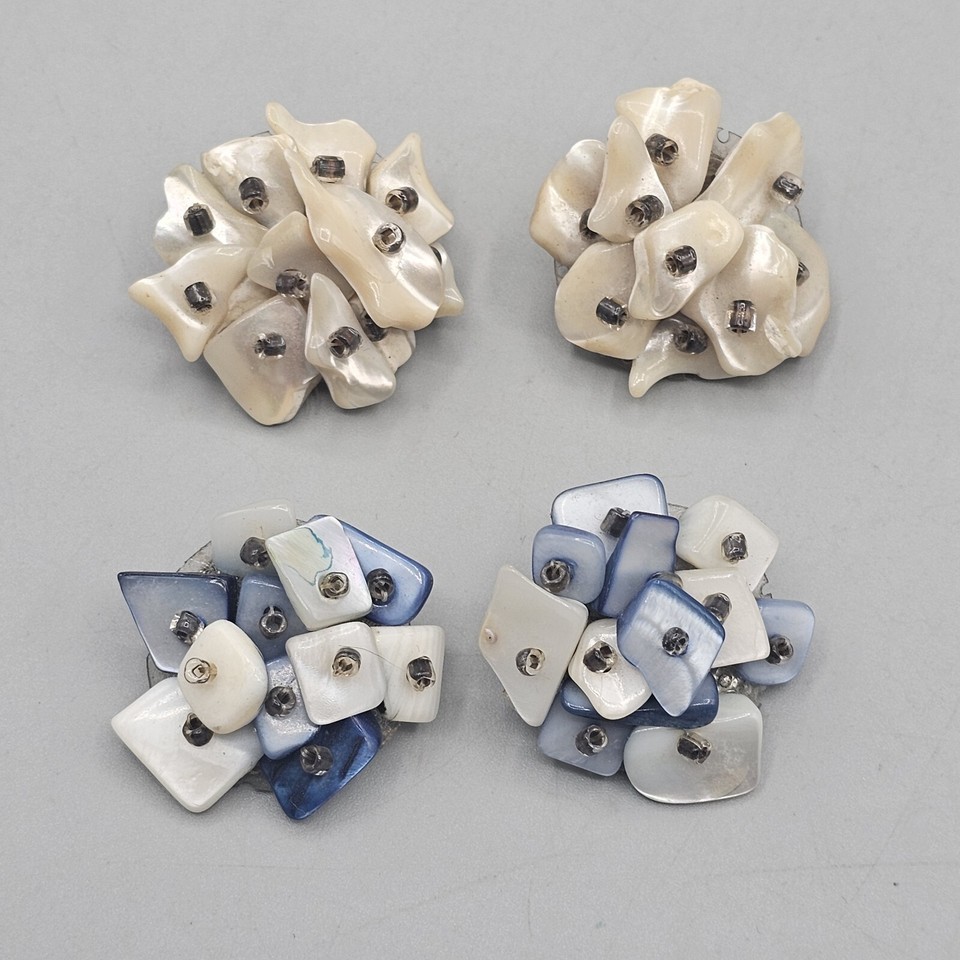 Vtg Japan Shell Earrings Clip On Cluster Dyed Blue Cream Iridescent Chip... - $19.99