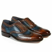 Handmade Men&#39;s Leather Oxfords Brown Patina Lace up Two Tone Brogue Shoes-885 - £174.24 GBP