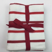 Red White Waffle Weave Dish Kitchen Stripe Towels Set 3 - £19.97 GBP