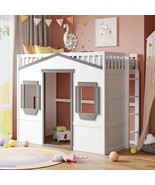 Twin Over Twin Floor Bunk Bed: Slide, Ladder, Door, White Pine Wood - $8,791.85 MXN