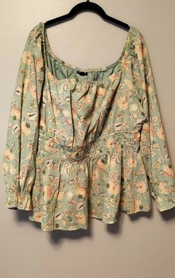 Torrid Blouse Green Cream floral  Size 2 Off The Shoulder Casual - $24.99
