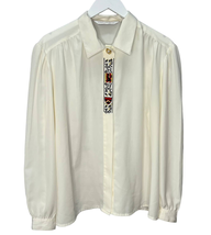 Vintage 80s Kim Rogers White Blouse Lion Embroidered Size 16 Hidden Buttons - $24.70