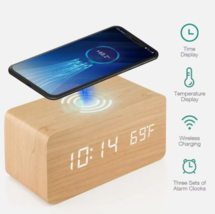 Wooden Digital Alarm Clock with Wireless Phone Charging Pad Wood - £55.95 GBP